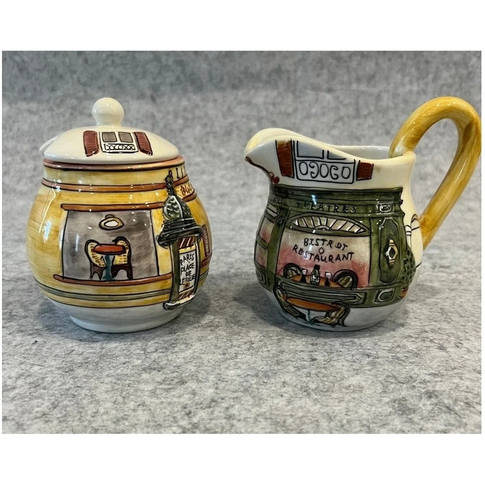 Sakura Bistro Scenes Hand Painted Creamer‎ and Covered Sugar Set
